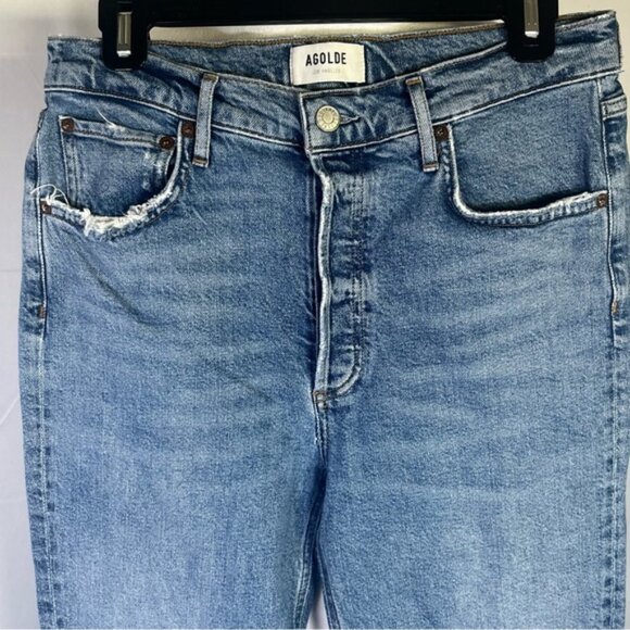 AGOLDE Riley Long Jeans Blue Distressed Straight Leg High Waist Size 29 - Picture 2 of 9